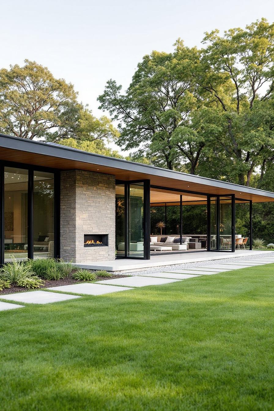 Glass-walled mid-century ranch house with an elegant fireplace