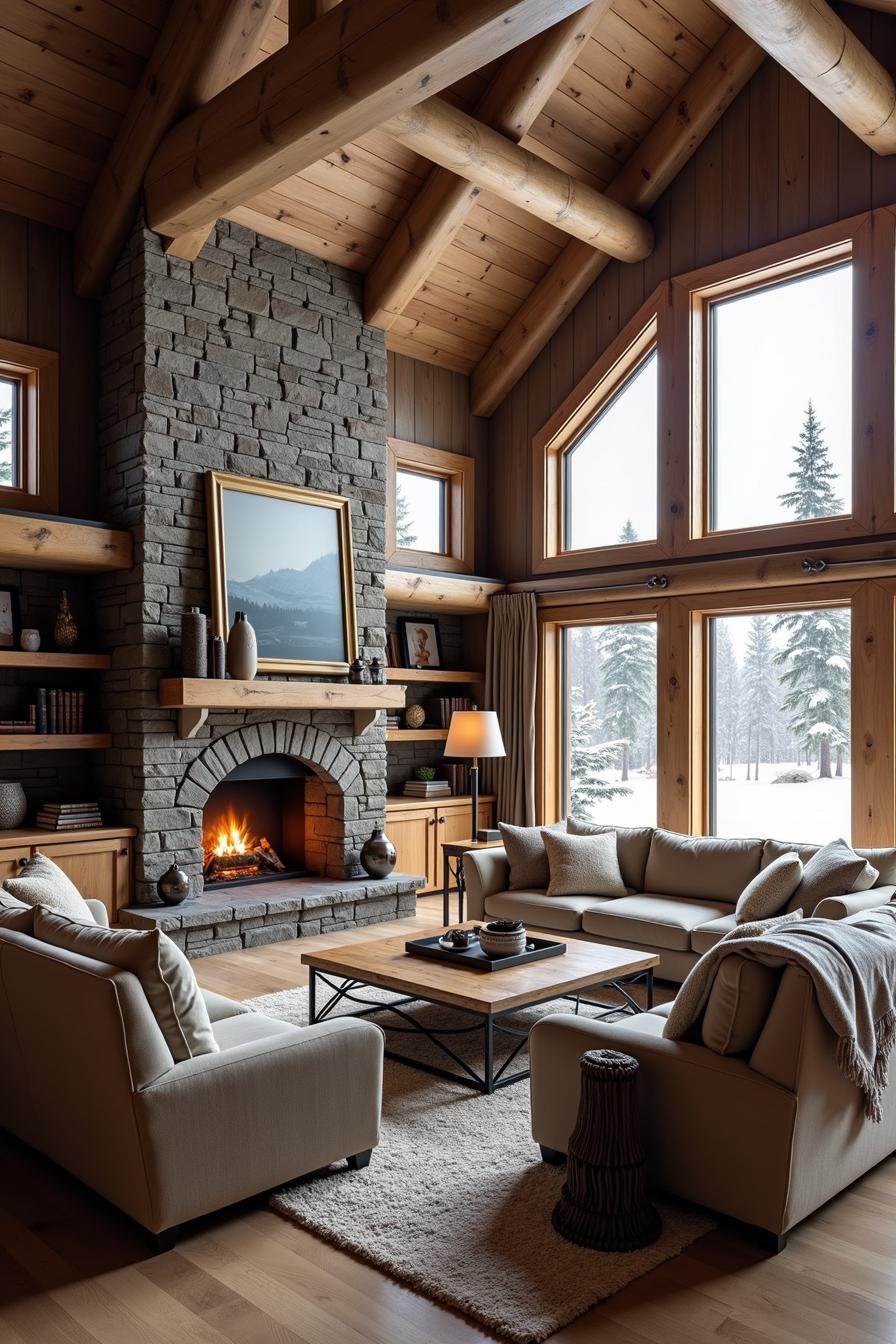 Stone fireplace in a cozy cabin living room with large windows