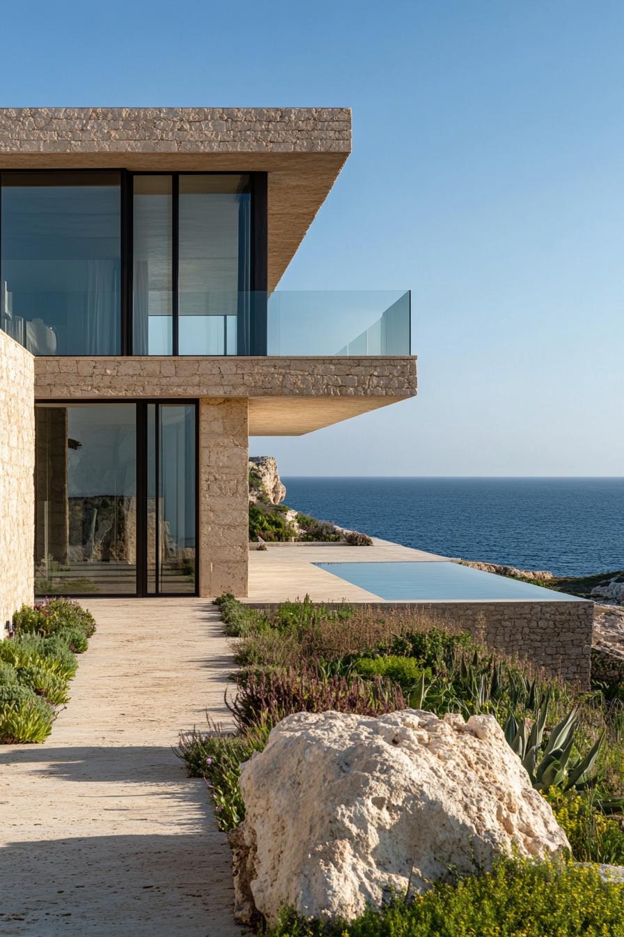 Sea-view luxury home with stone walls and glass balcony