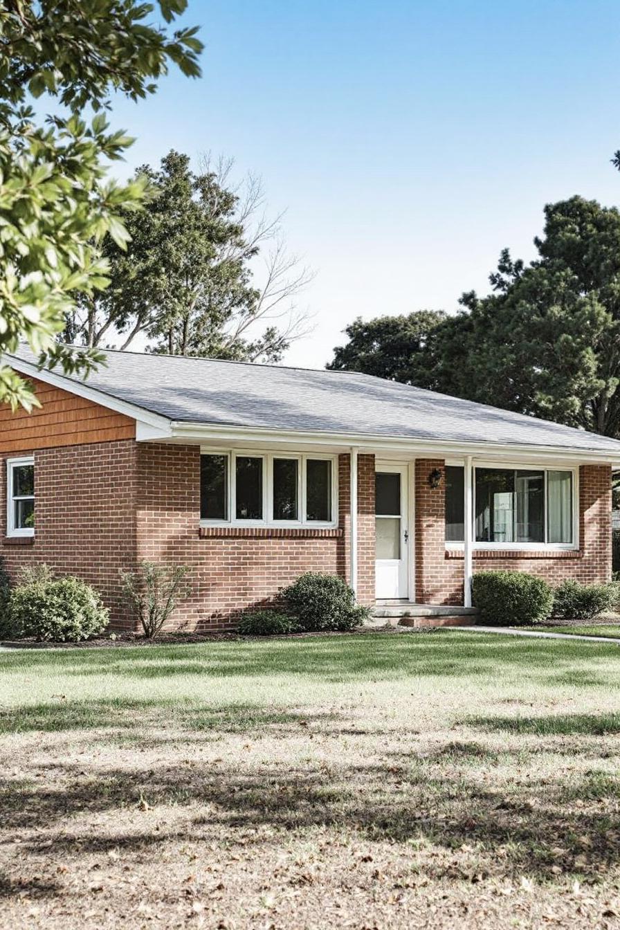 Classic mid-century ranch house with brick exterior and a spacious front lawn