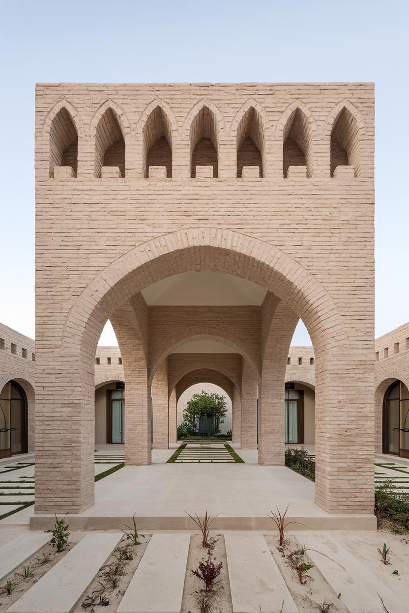 A series of arches in a beige brick structure