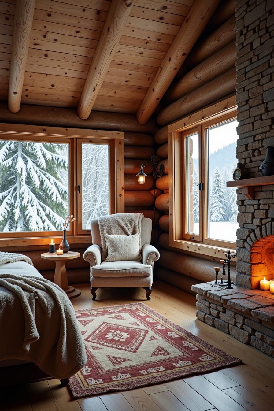 Cozy armchair by large windows in a log cabin with snow outside