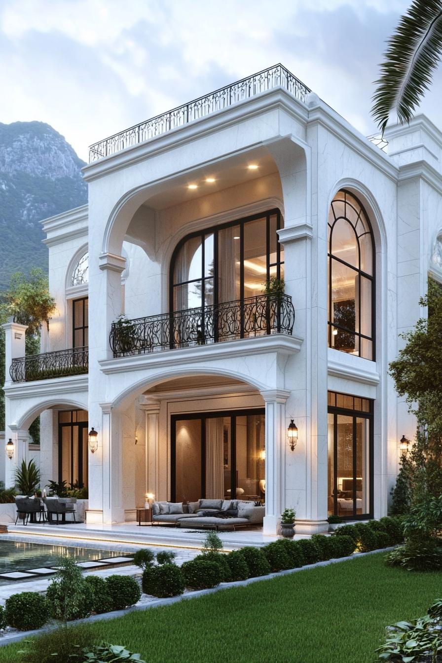 Elegant mansion with arched windows and lush garden