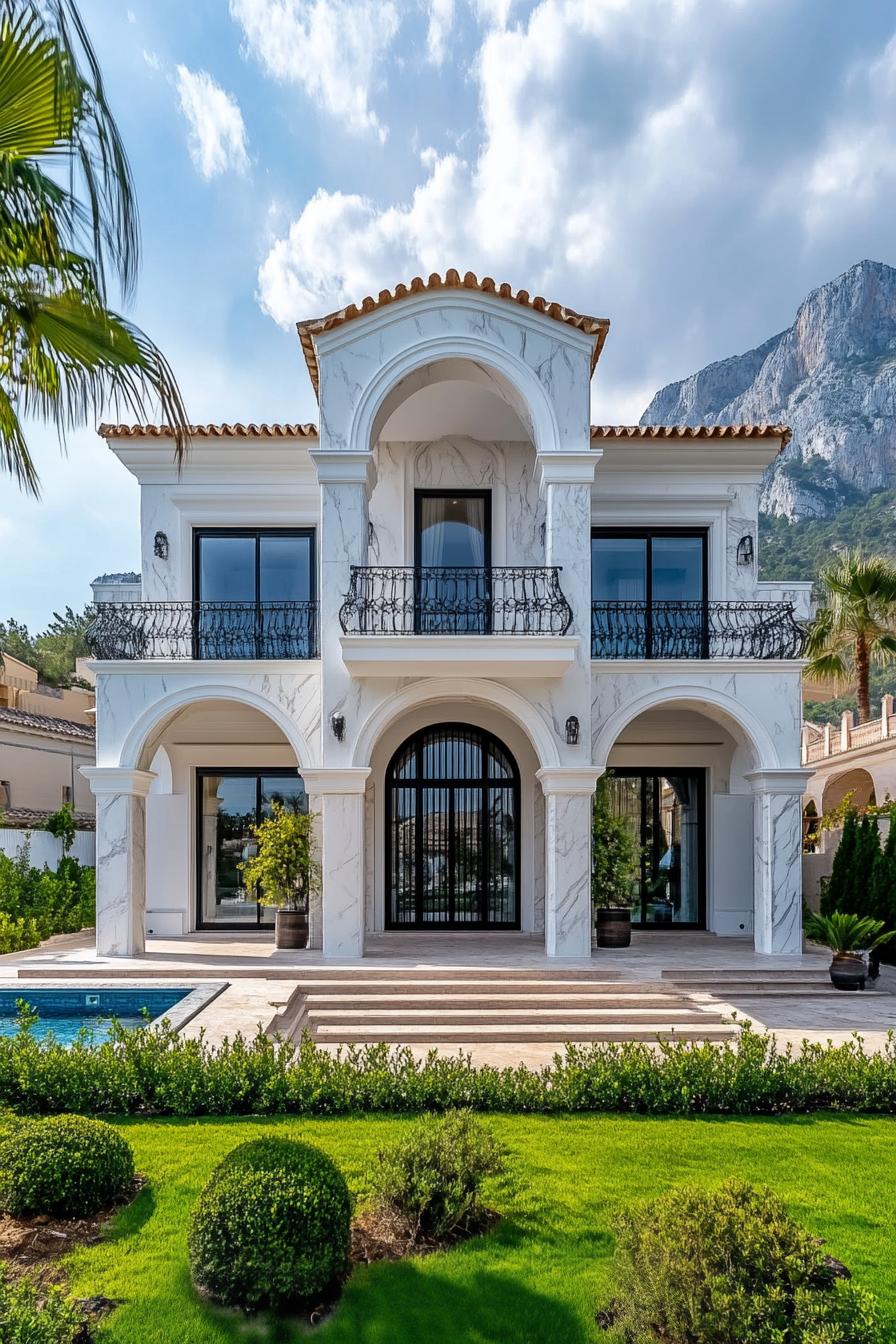 Luxurious house with arches and mountain backdrop