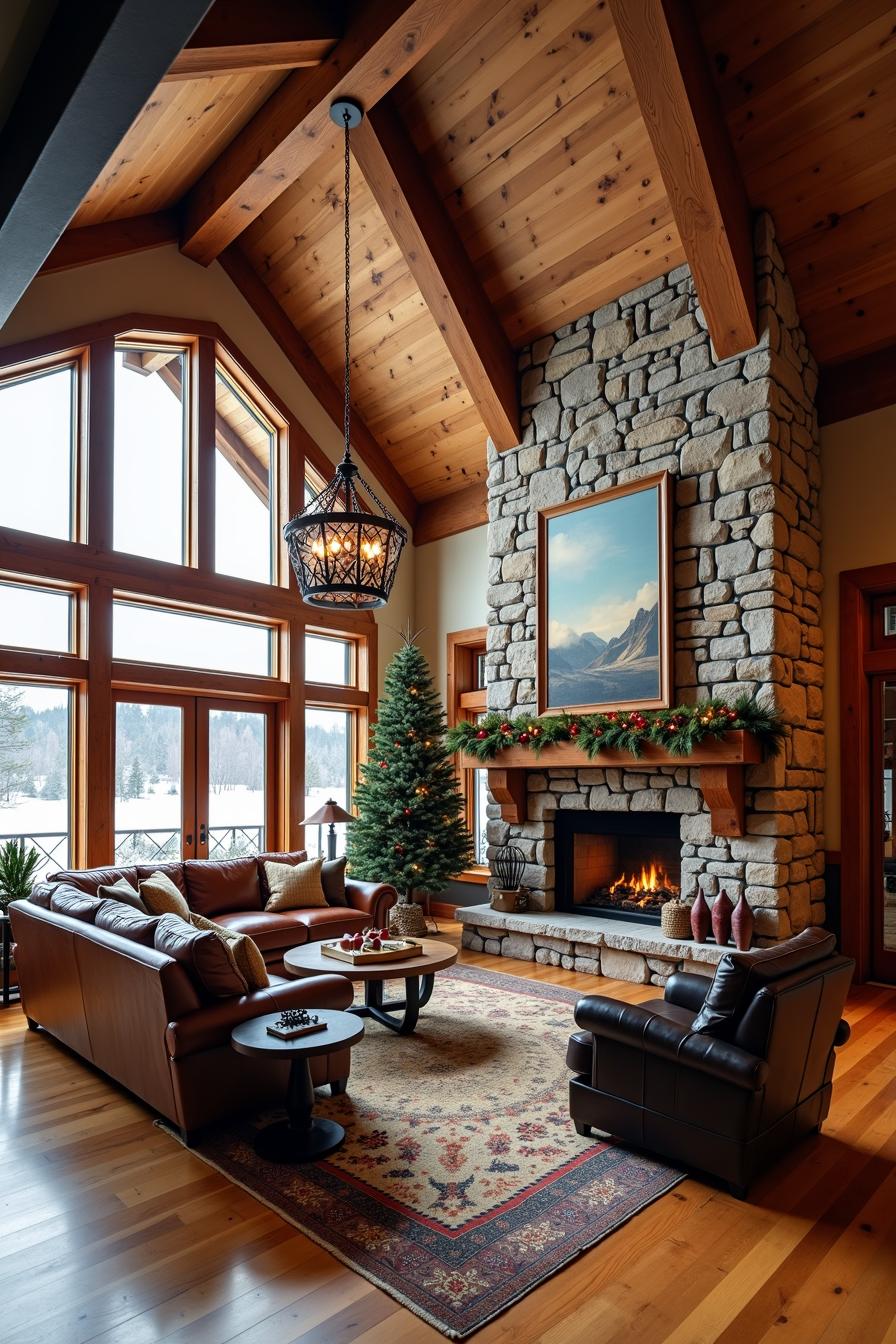 Cozy cabin interior with stone fireplace and large windows