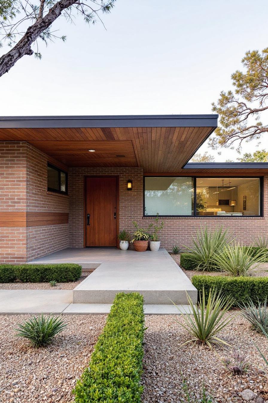 Front porch of a mid-century ranch house with wooden door and brick exterior