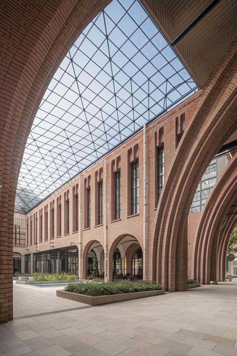 Interior courtyard with brick arches and a glass ceiling