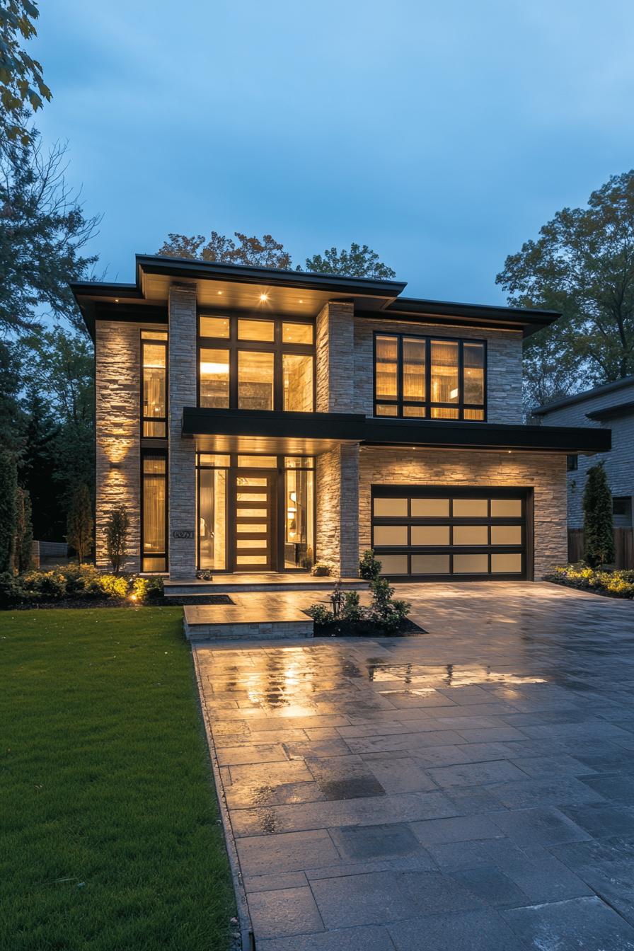 Modern two-story house with large glass windows and stone facade