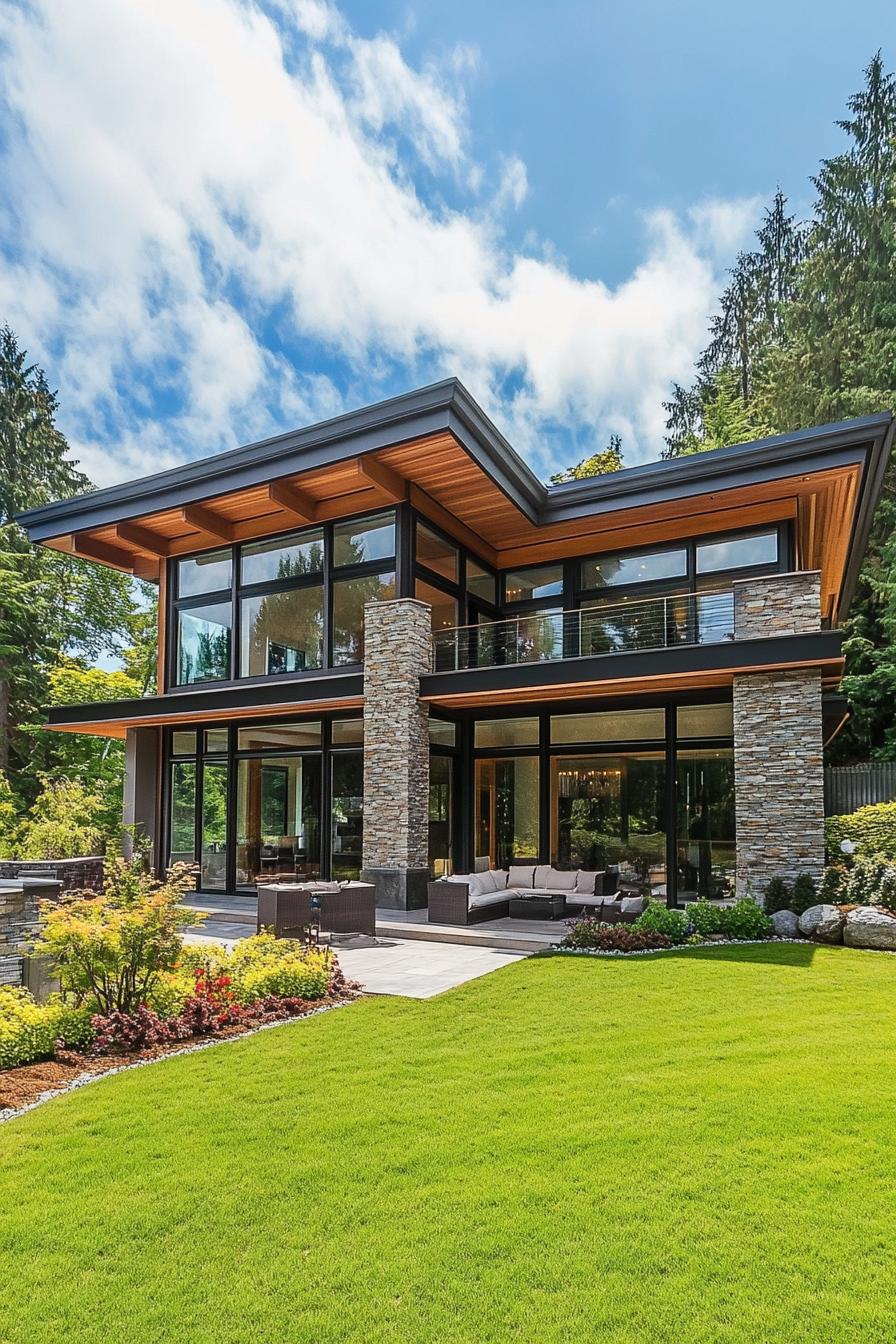 Contemporary home with large windows and lush garden