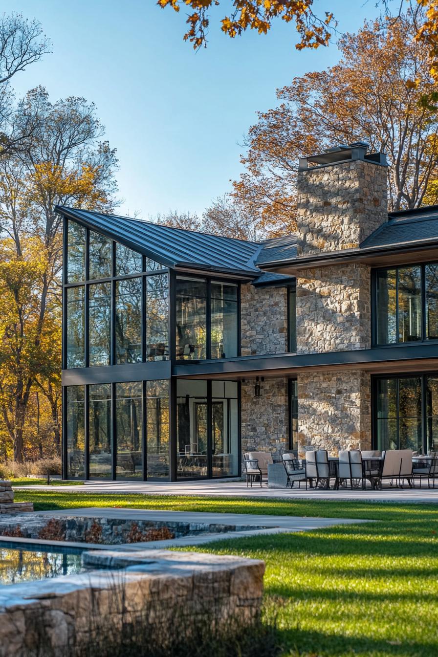 Contemporary house with stone and glass facade amidst autumn foliage