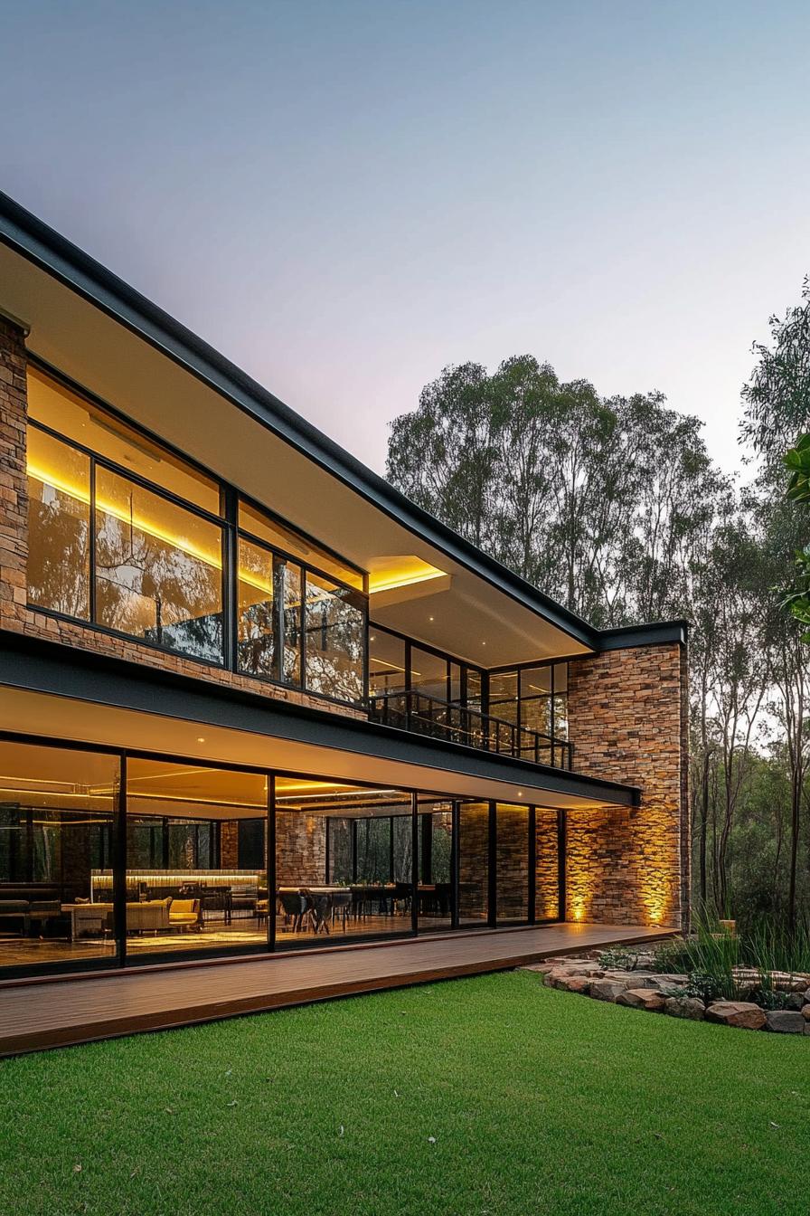 Luxury house with sleek glass walls amid trees