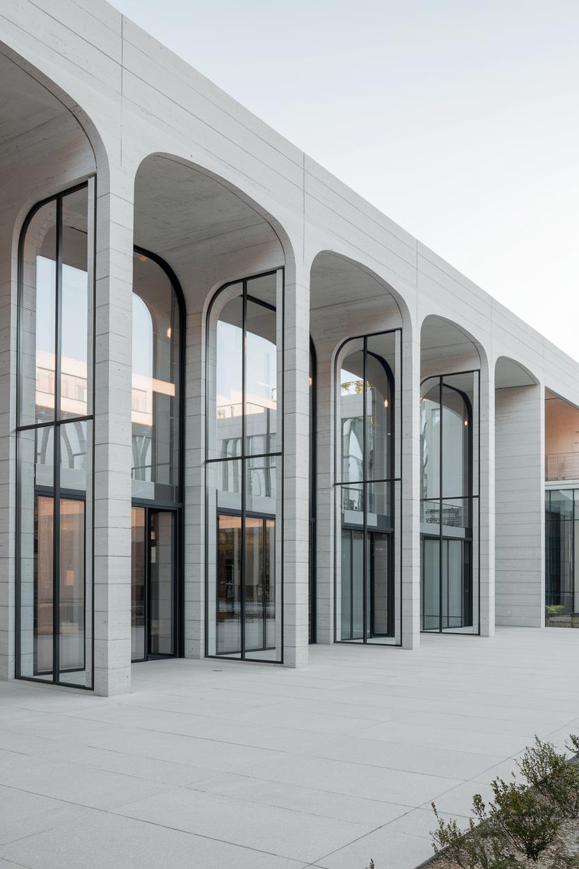 A modern building with tall arches and large windows