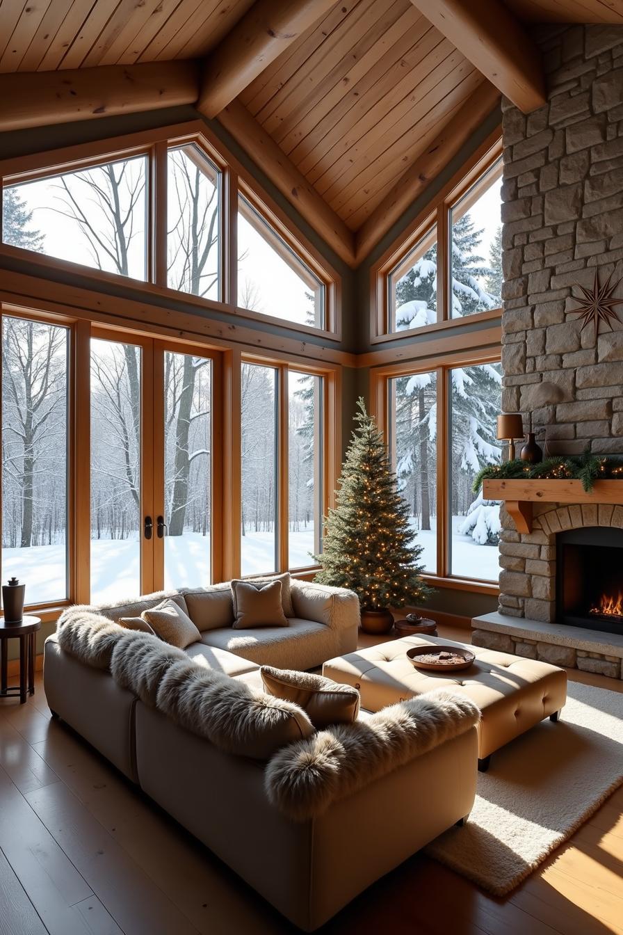 Winter cabin interior with a stone fireplace and large windows