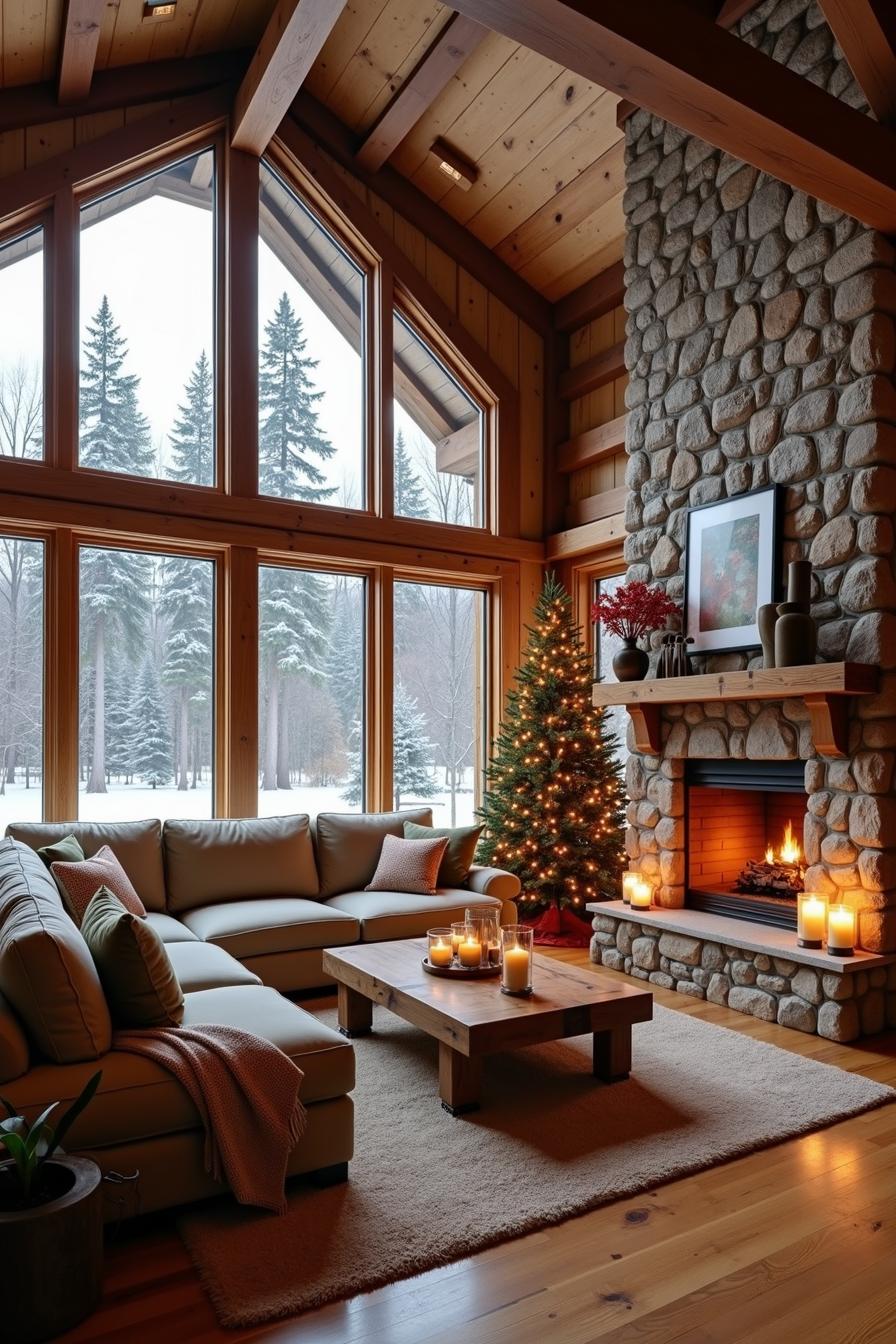 Cozy cabin interior with fireplace and large windows showing snow