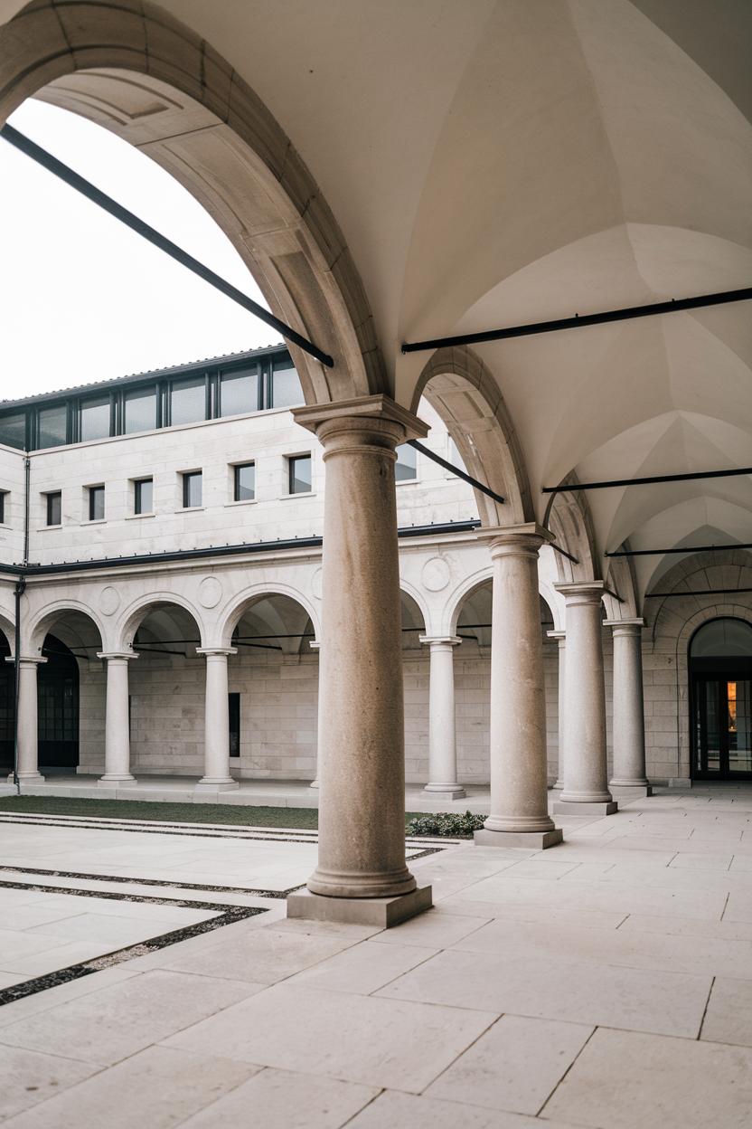 Elegant stone arches forming a covered walkway with a courtyard