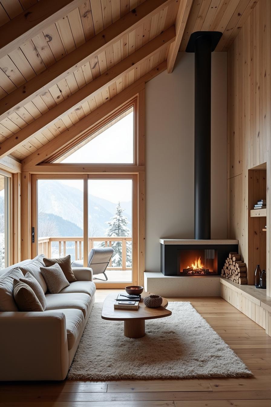 Cozy cabin interior with fireplace and mountain views