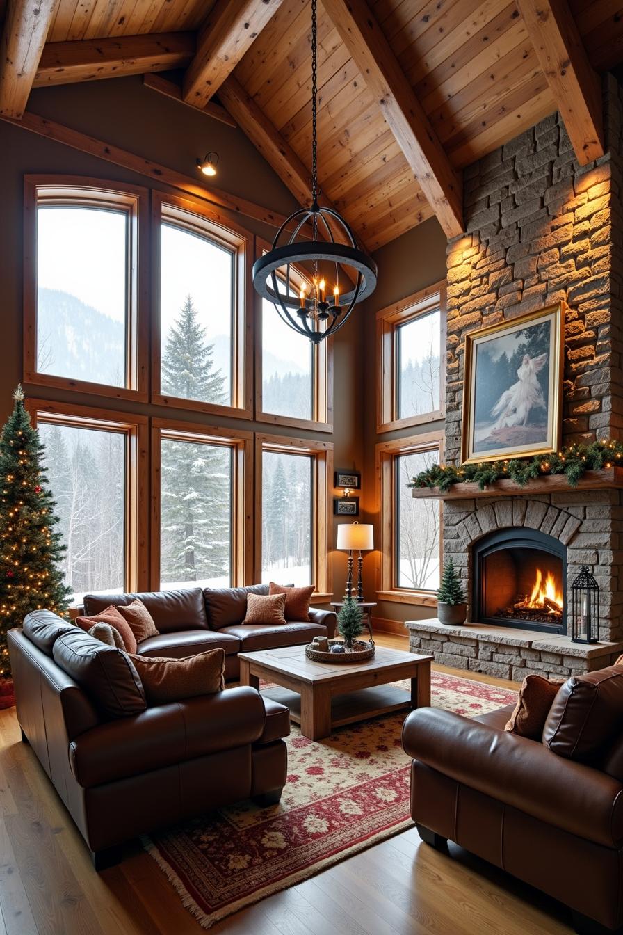 Cozy living room with stone fireplace and large windows