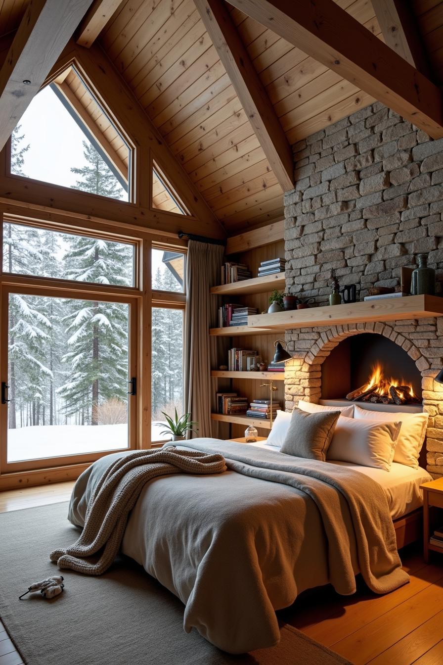 Rustic cabin bedroom with a stone fireplace and large windows