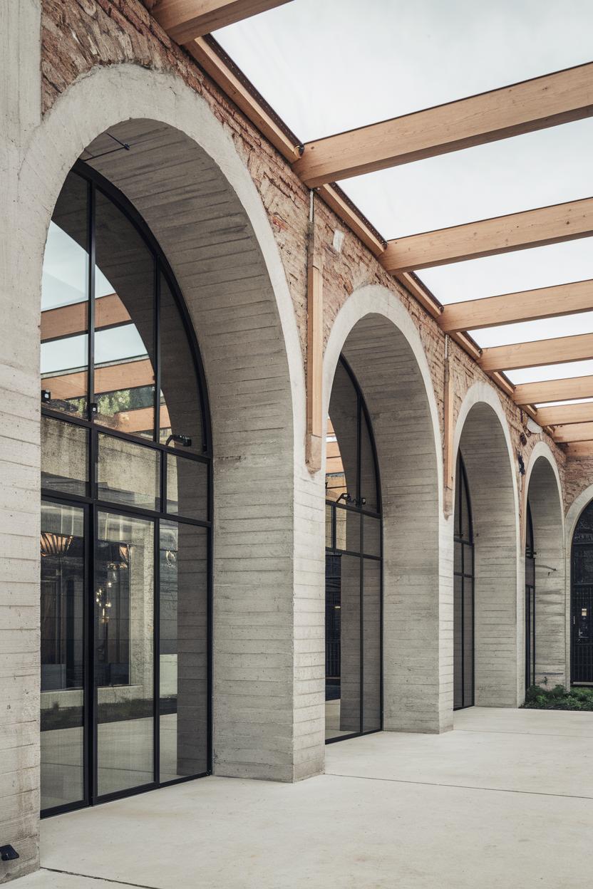 Modern arcade with concrete arches and glass panels