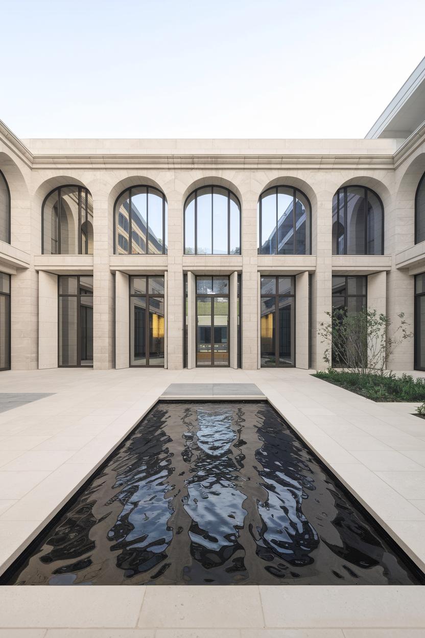 Elegant arches and a reflective pool in minimalist courtyard