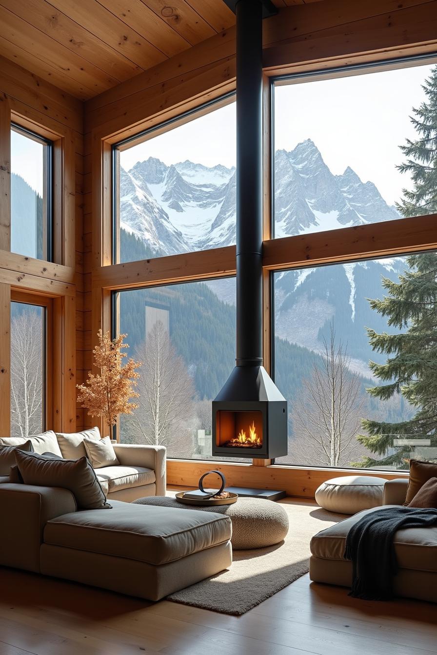 Cozy cabin with large windows and mountain view