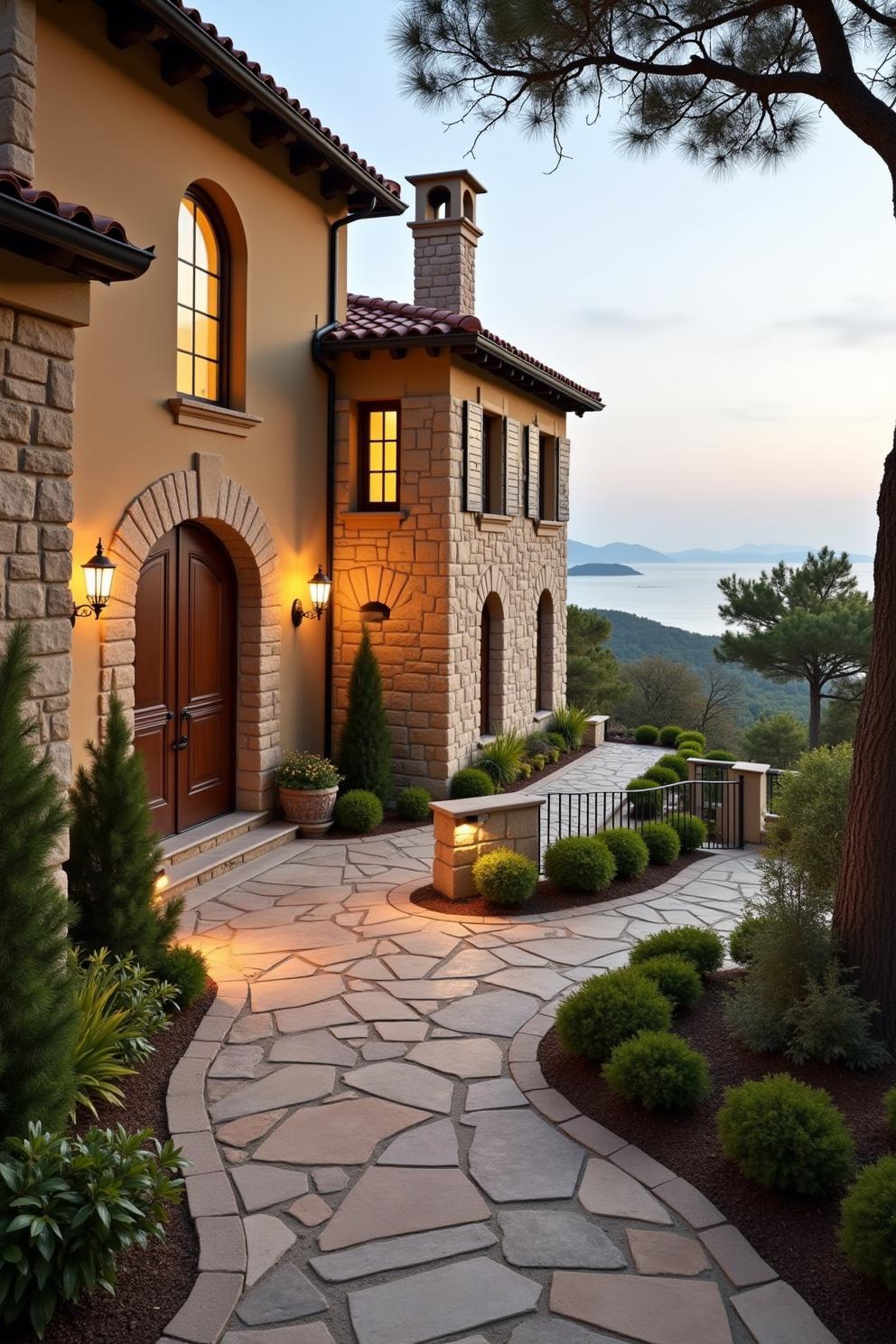 Tuscan villa with a view of the ocean at dusk