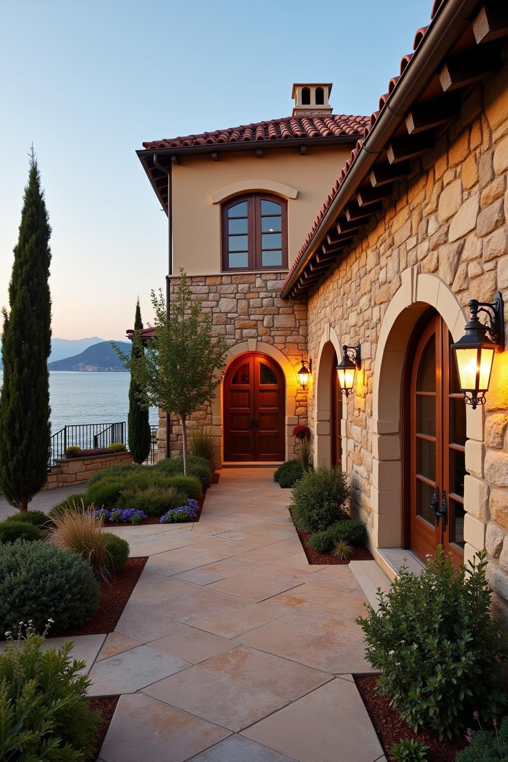 Charming stone villa with arched doors and serene garden path