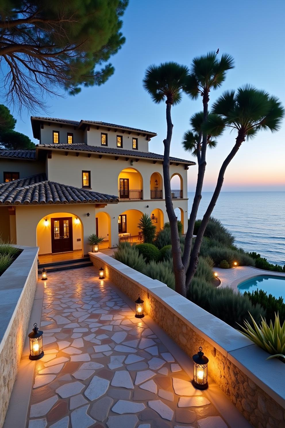 A Tuscan villa with traditional Mediterranean architecture showcases a warm earth toned stone facade and rustic terracotta roofing. The structure