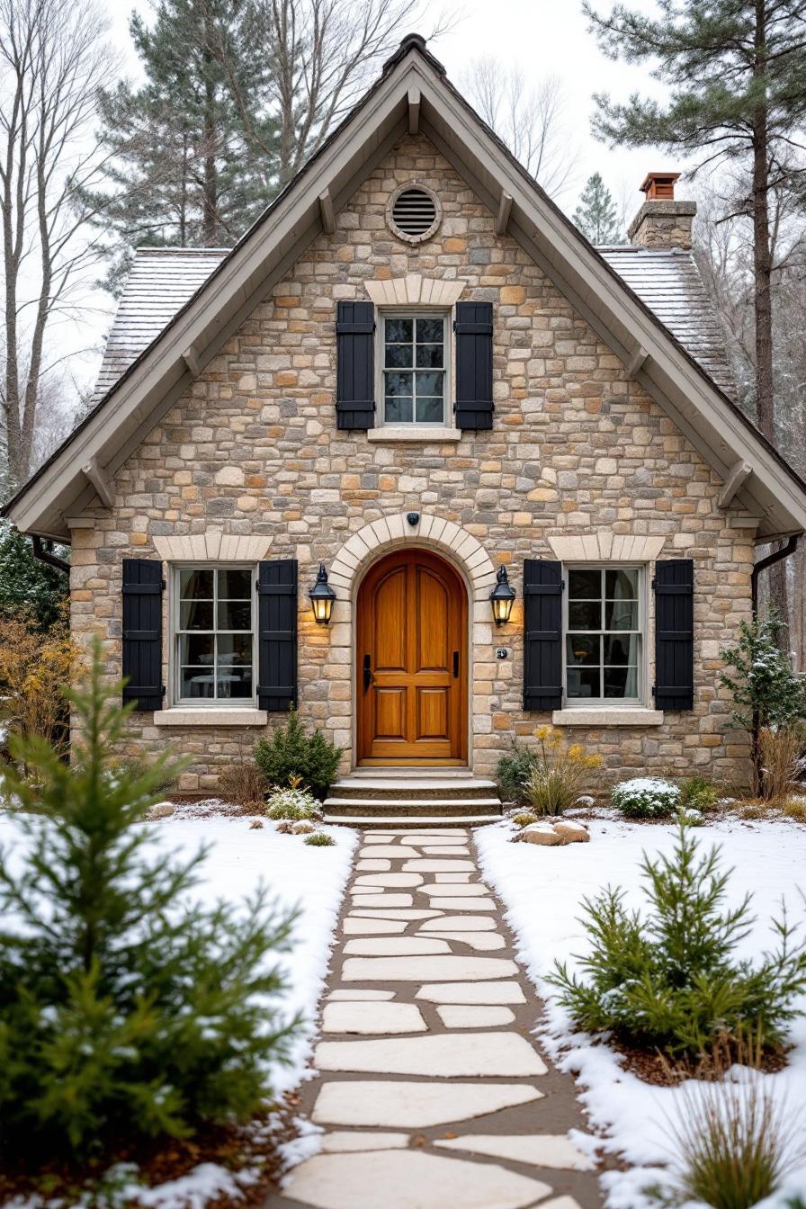 Charming stone house with arched wooden door in a snowy setting