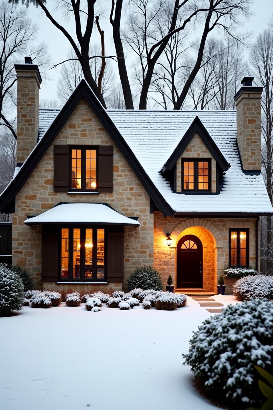 Cozy stone house with snow-covered roof and glowing windows