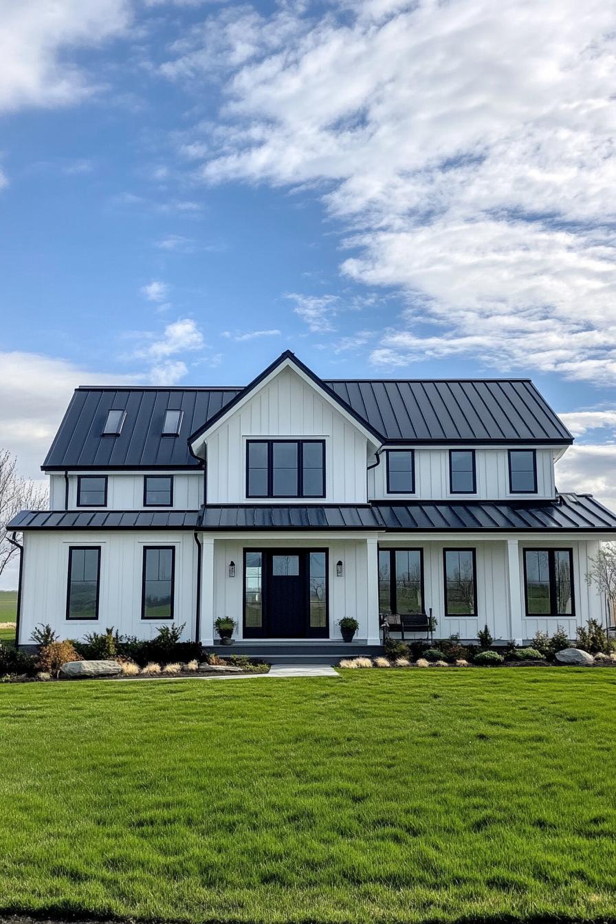 Chic black-roofed farmhouse with white exterior