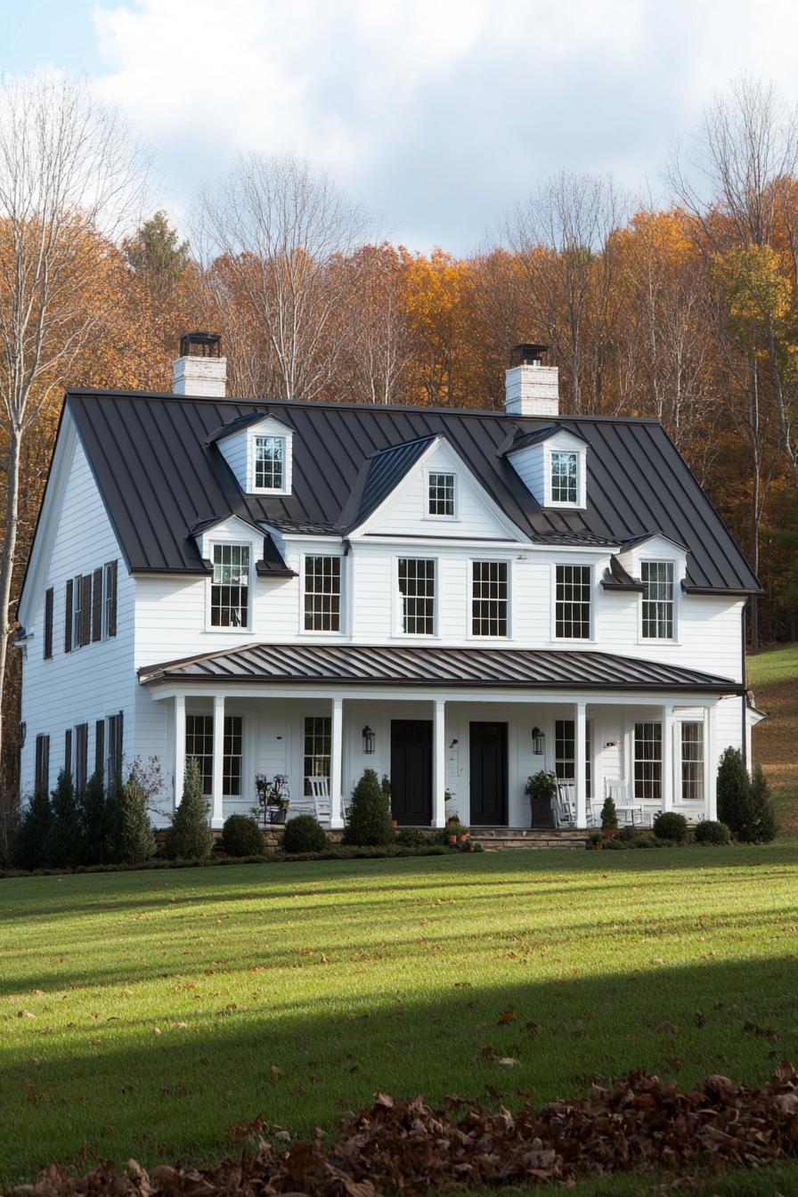 Large white farmhouse with black roof amidst autumn trees