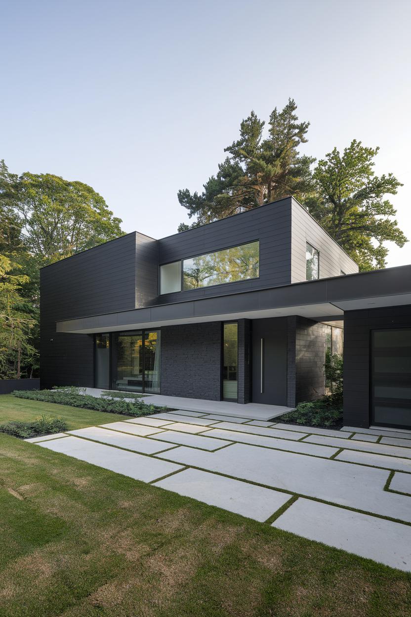 Contemporary black house with lush green surroundings