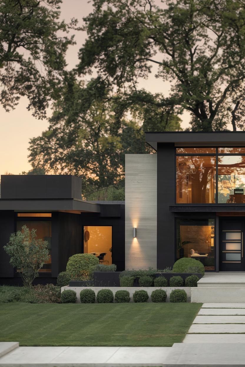 Black modern house with large windows surrounded by trees and neat landscaping