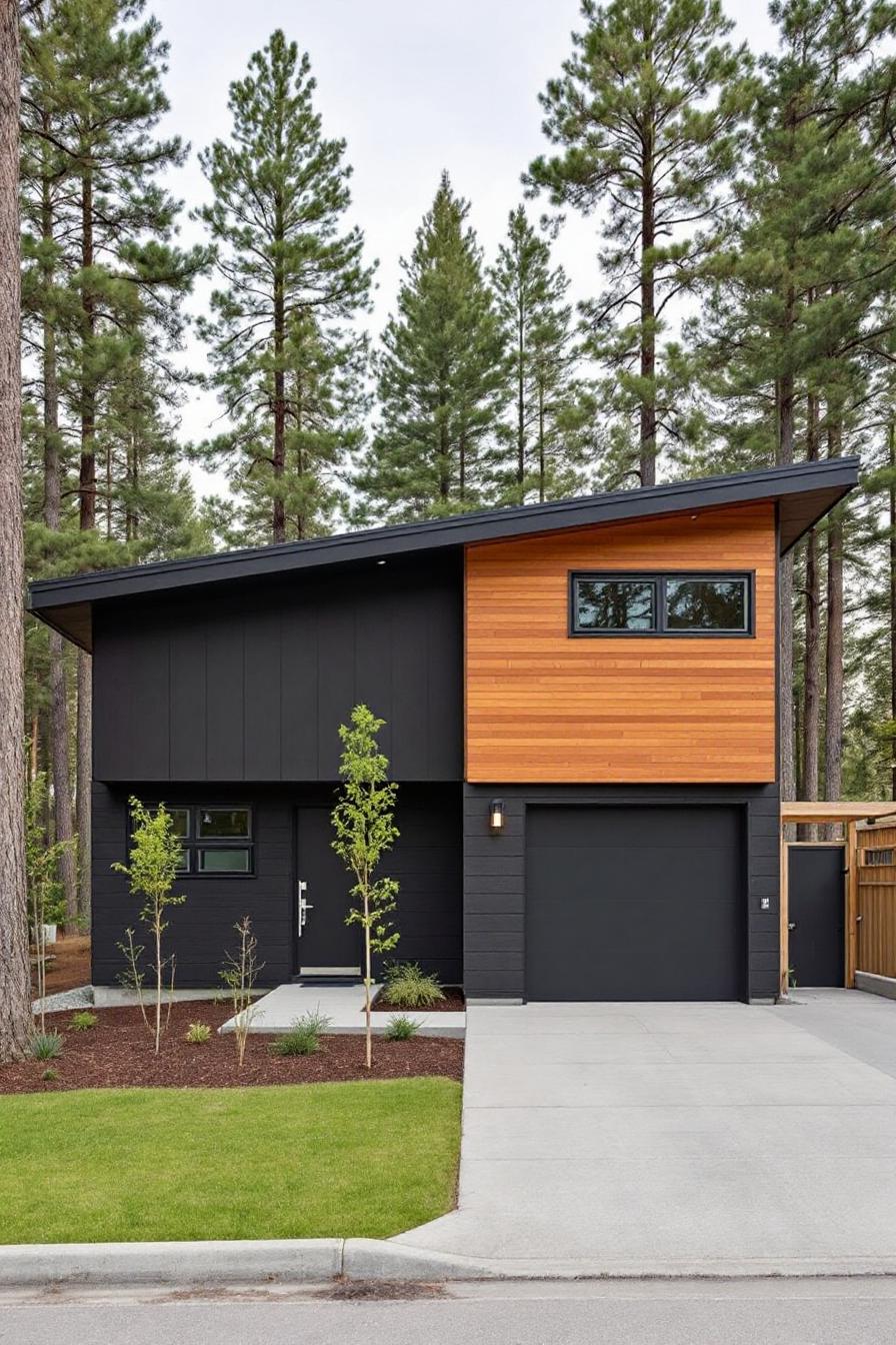 Modern garage house with wood and black exterior