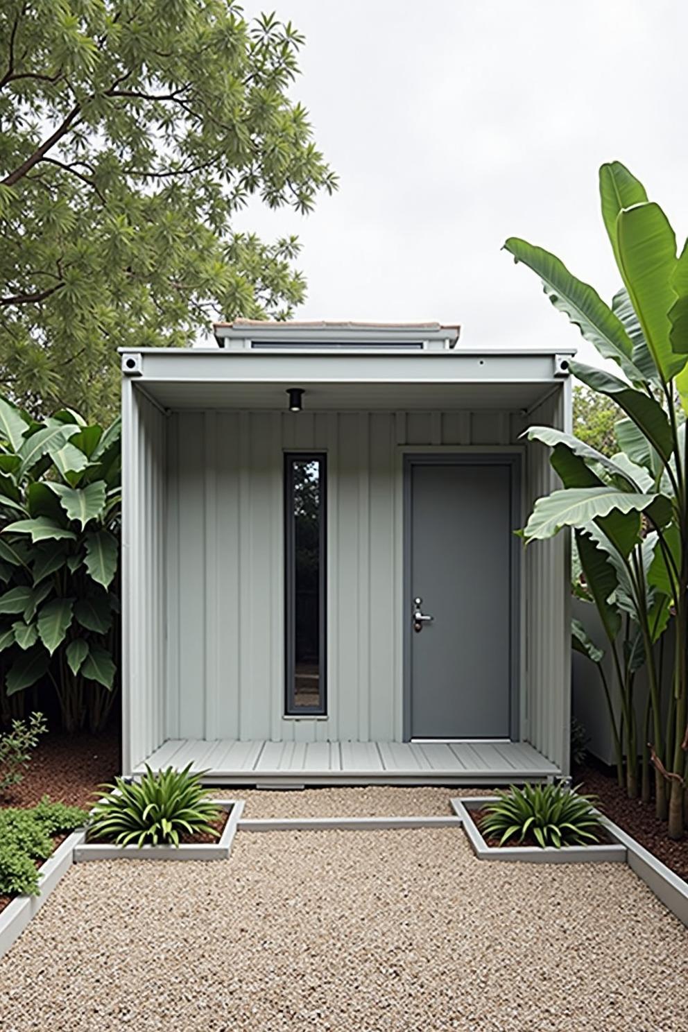 Modern tiny container house surrounded by lush greenery