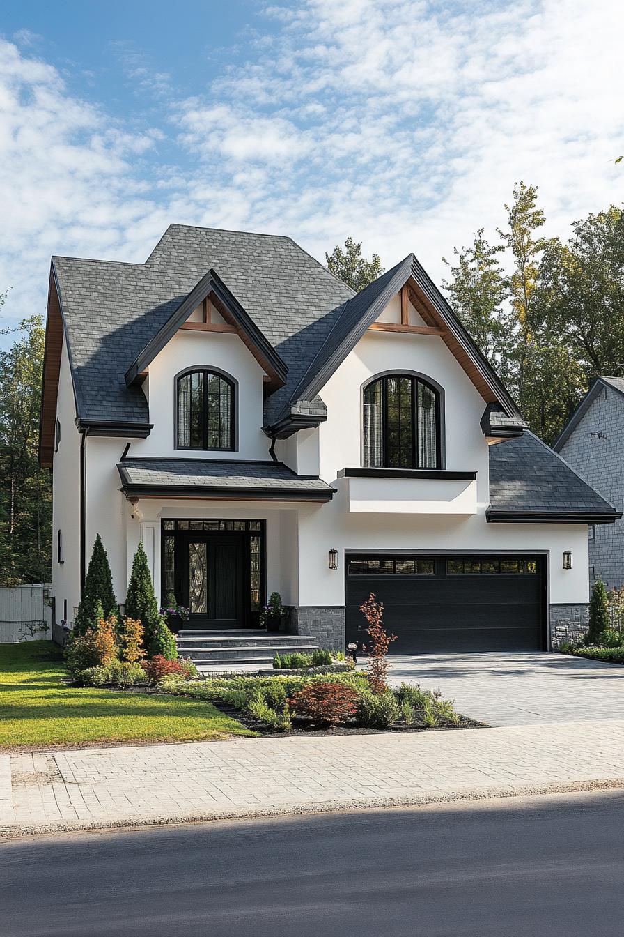 Modern suburban house with a striking roofline and lush greenery