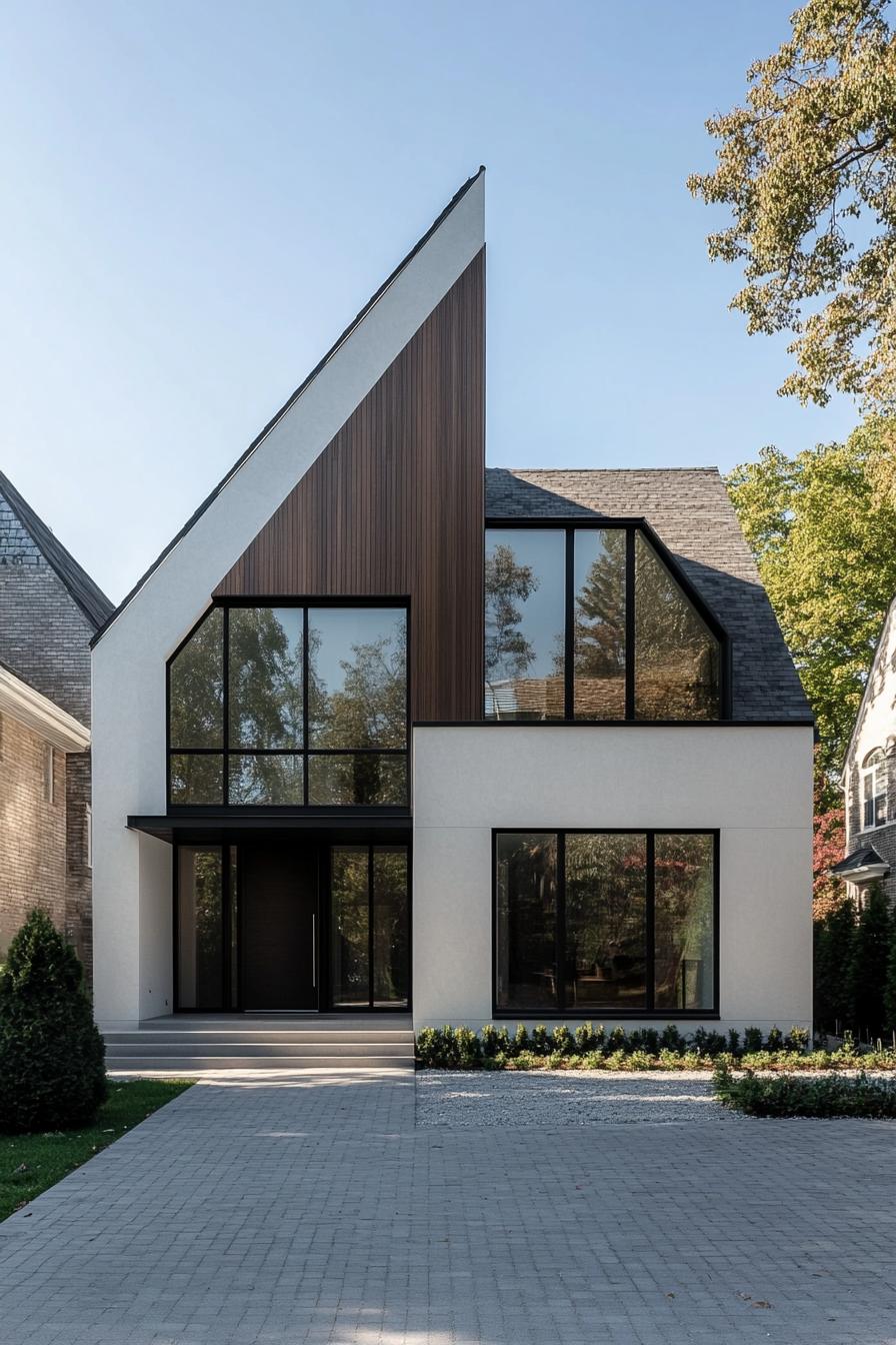 Sleek, angular house with glass windows and wood accent