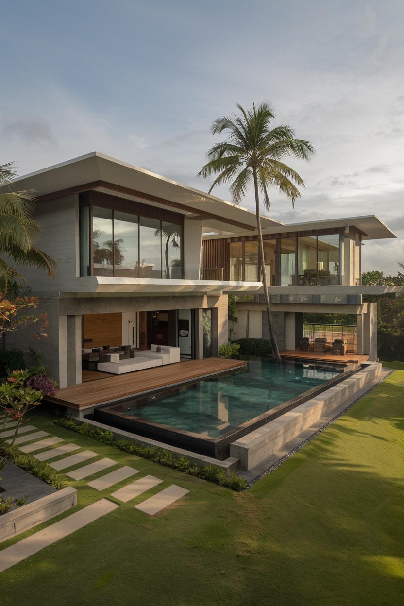 Modern tropical villa with infinity pool and palm trees