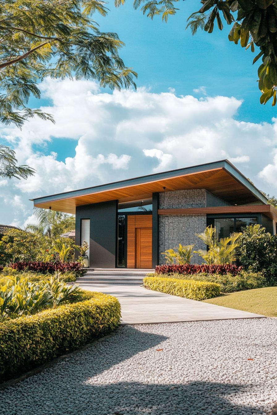 Modern villa with lush garden and blue sky