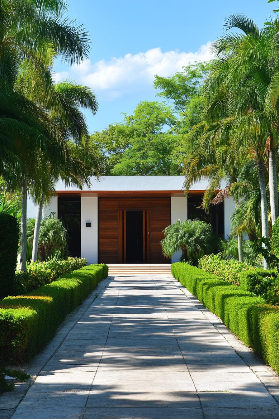 Modern villa with palm trees and manicured garden