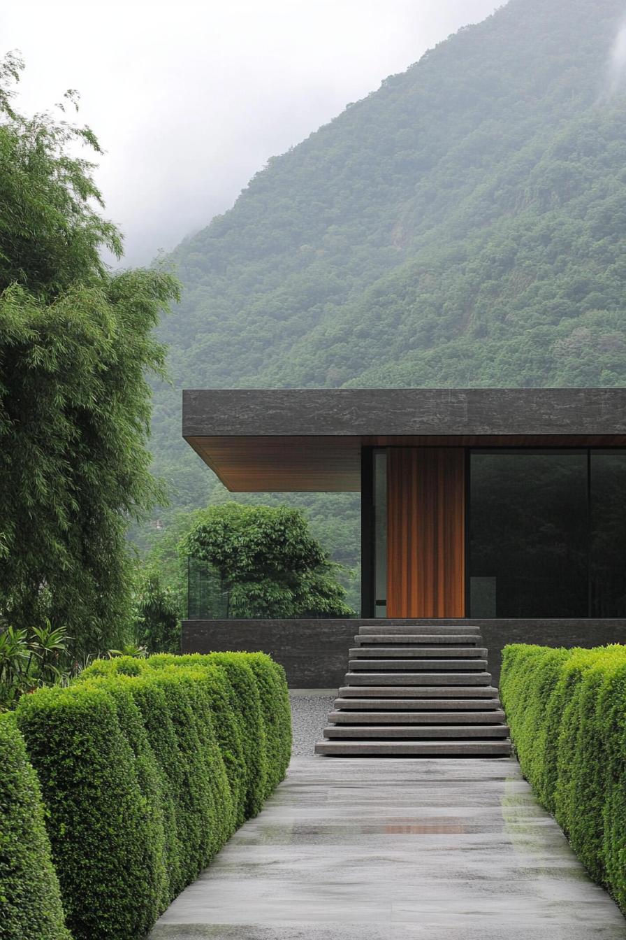 Modern villa with lush greenery and mountain backdrop