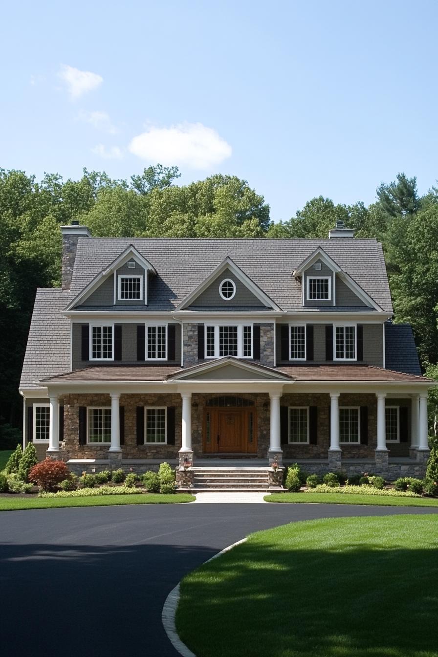 Large suburban house with stone facade and a sprawling front lawn