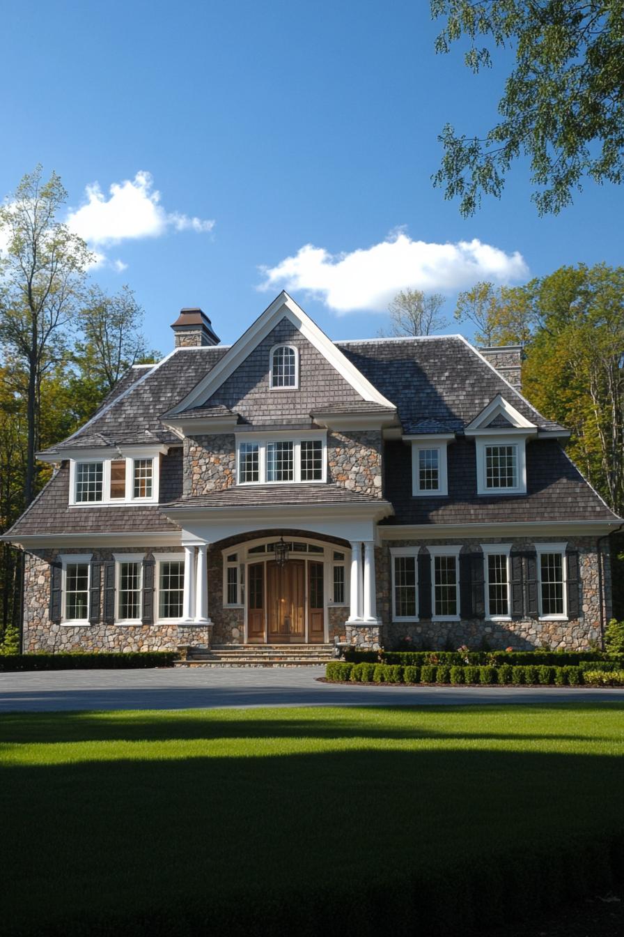 Luxurious suburban house with stone facade and spacious lawn