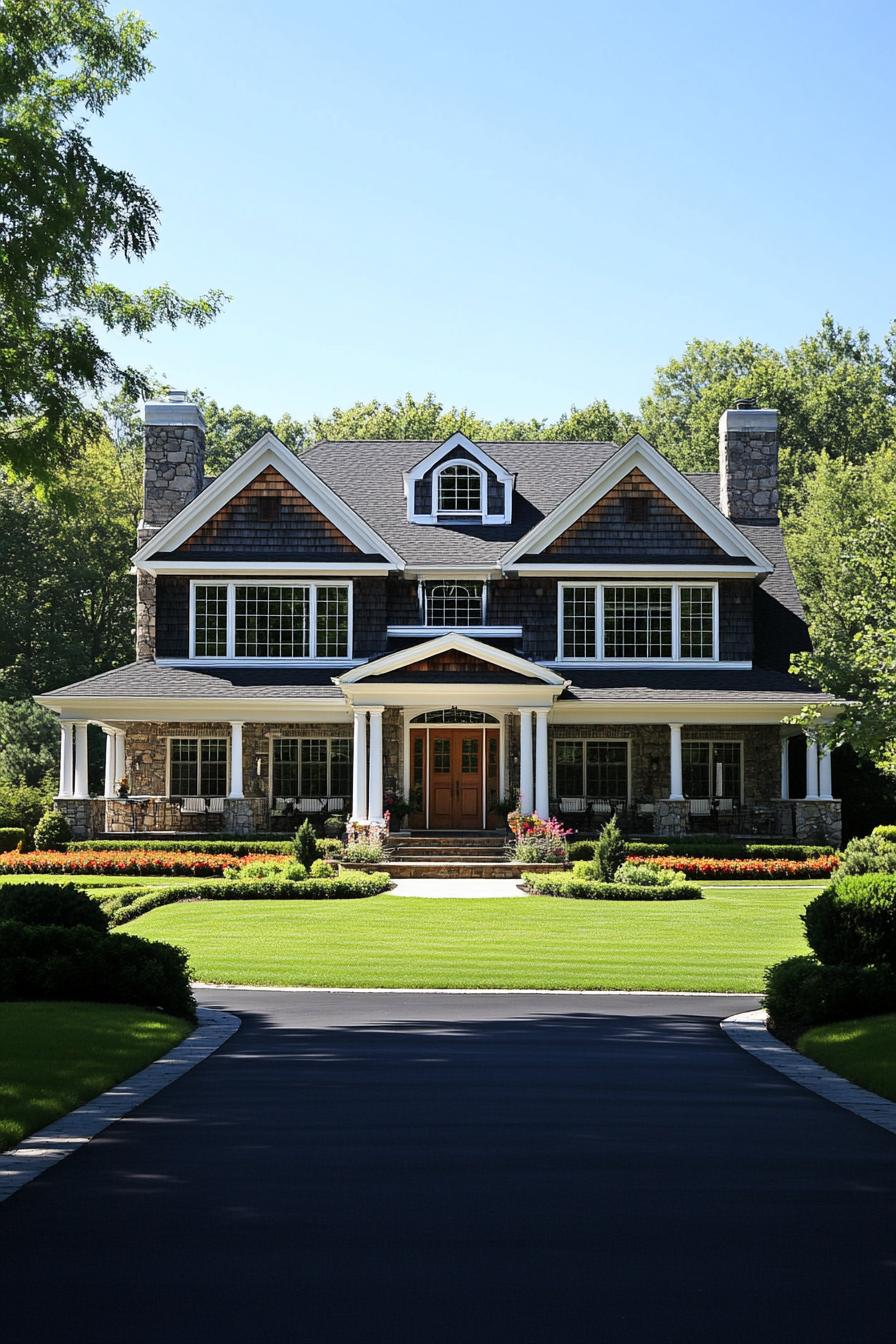 A large, elegant suburban house with stone facade and lush lawn