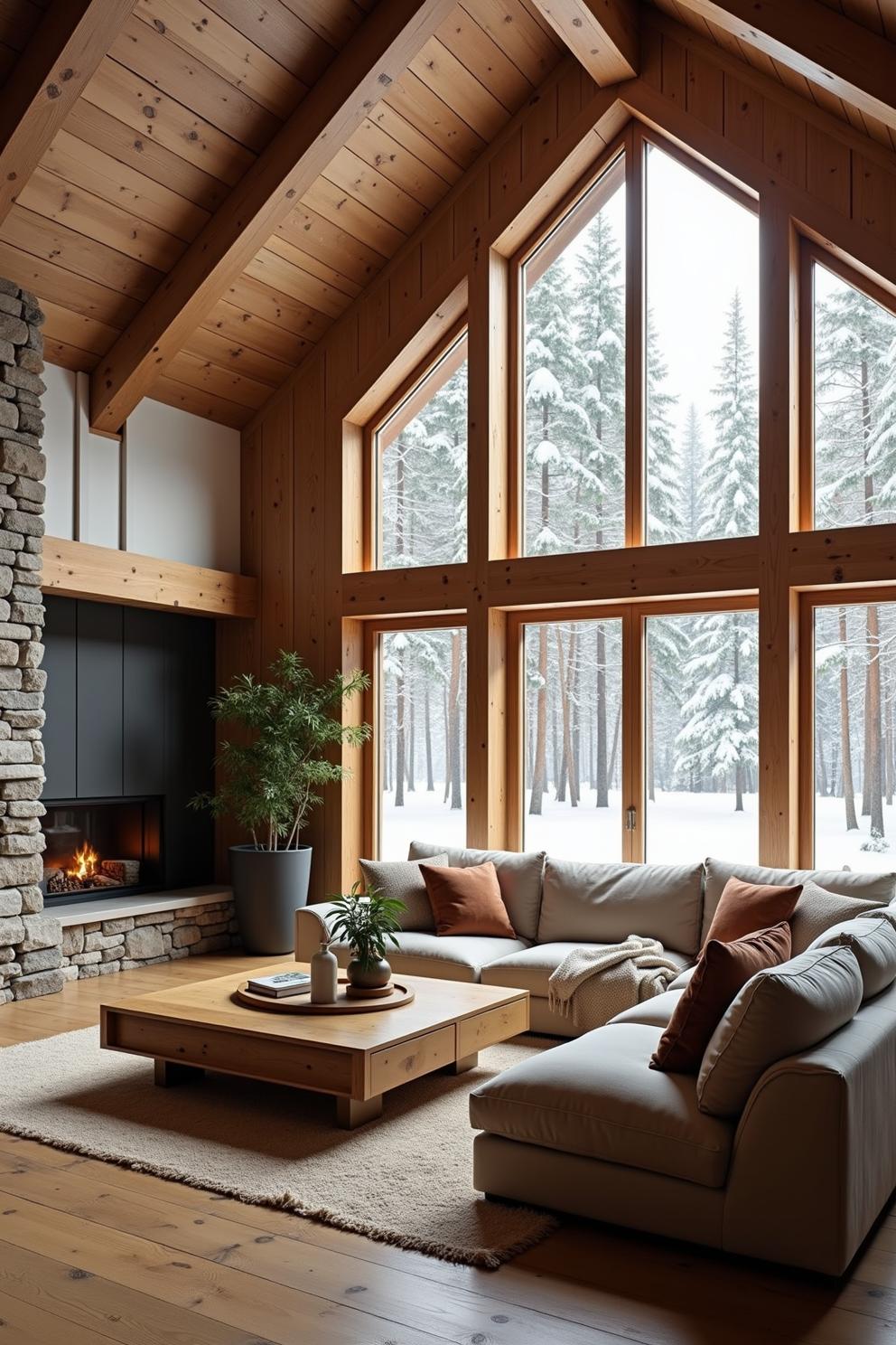 Bright cabin living room with fireplace and large windows