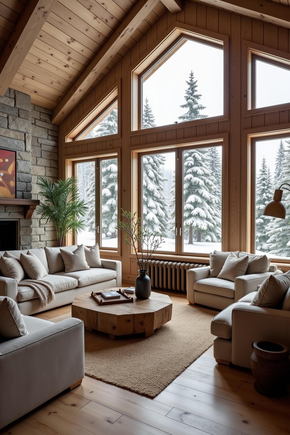 Cozy sitting area with large windows overlooking snow-covered trees