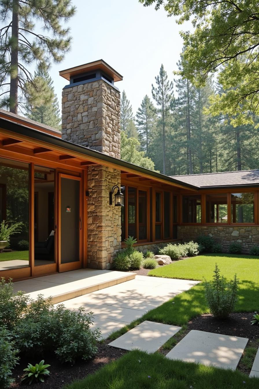 Mid-century ranch house with stone chimney and large windows