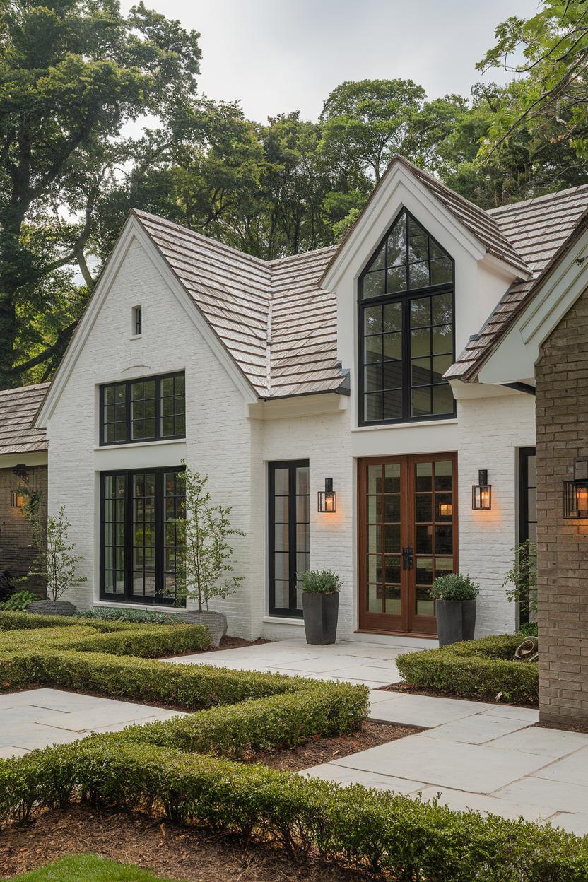 Classic house with large windows and gables amidst greenery