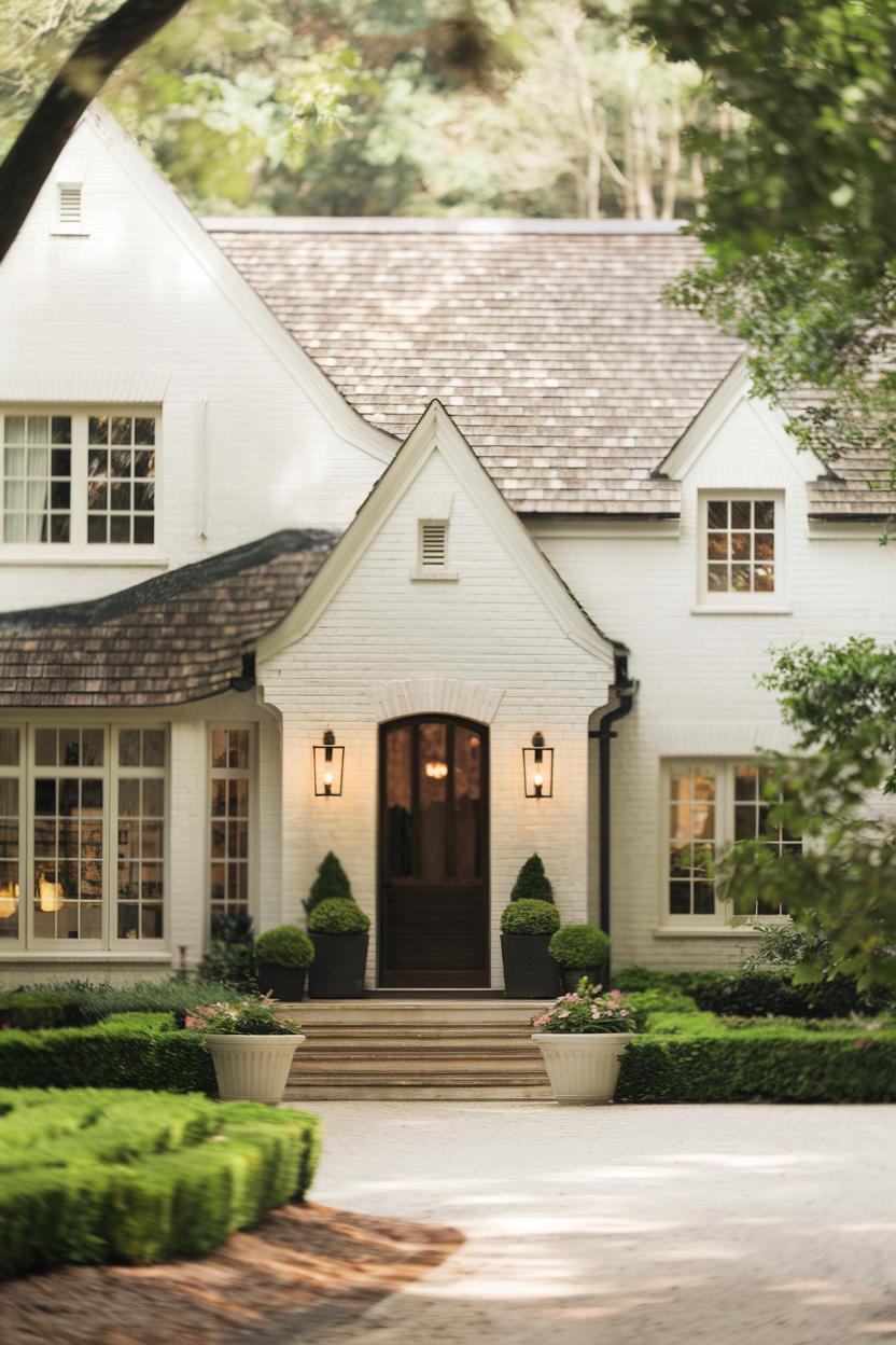 Classic white cottage with manicured hedges